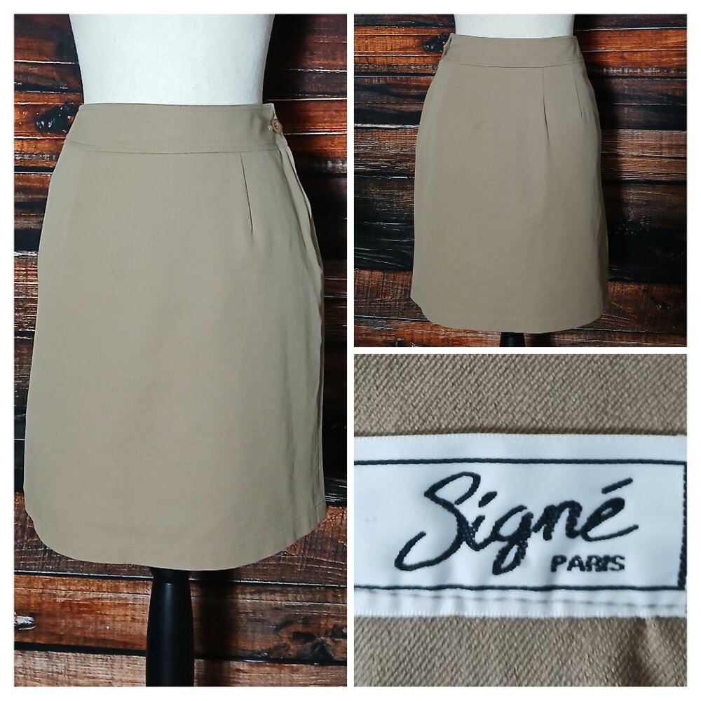 Signe Paris Vintage Pencil Skirt Size 6 Khaki Tan Cotton Side Zip Made in France